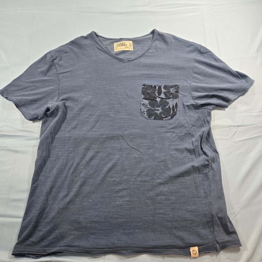 Free Planet Mens Blue Slub Cotton V-Neck Floral Pocket T-Shirt Large